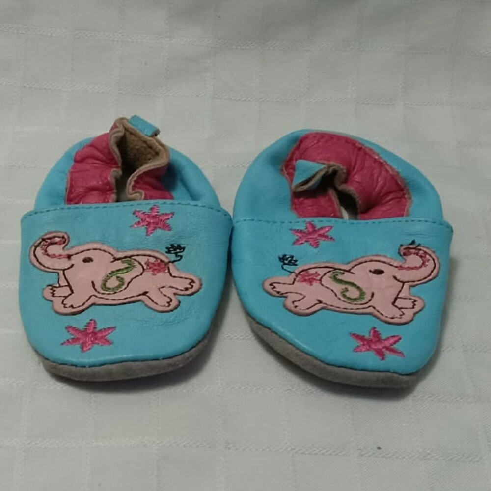 Small vintage blue leather loafers with pink elephants, size 1, 4 inches